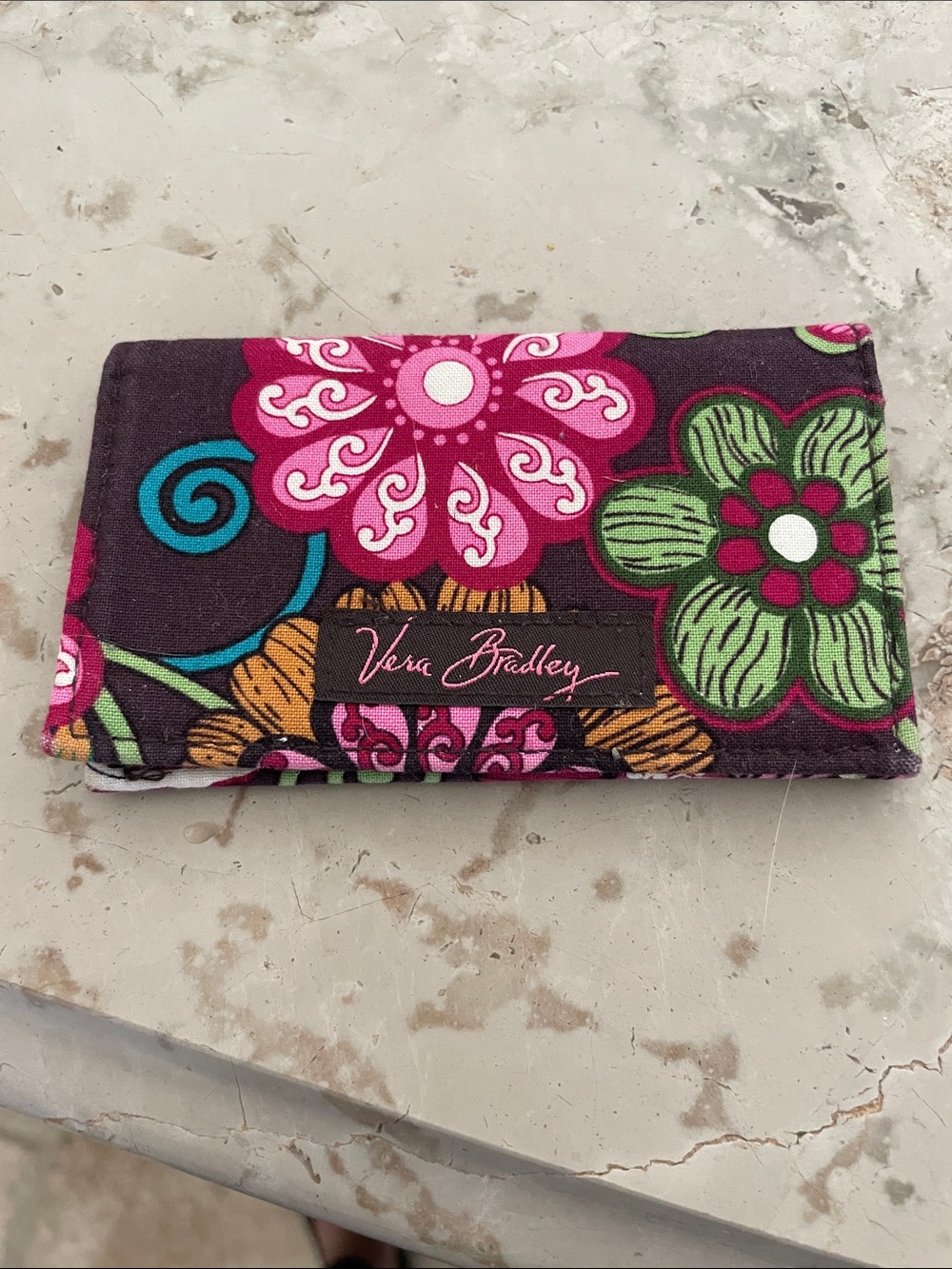 Vera Bradley Floral card holfder in Pink, Green, Teal, Yellow on Dark Brown